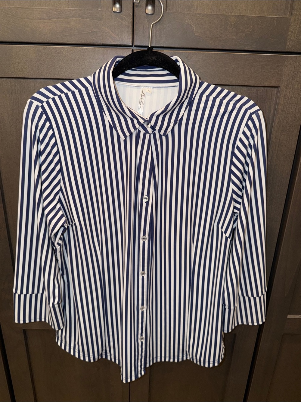 Lulu-B Navy & White Vertical Stripe Button-Down Shirt 3/4 Sleeves Like New Large